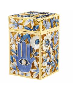 Hand-Painted Tzedakah Box with Hamsa Design