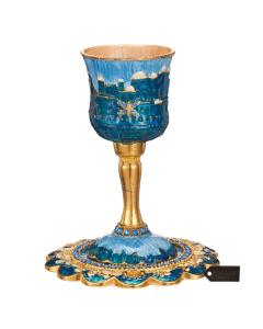 Kiddush Cup Set with Stem with Crystals and Jerusalem Cityscape