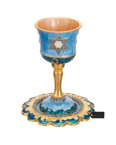 Hand-Painted Enamel Kiddush Cup Set with Stem and Tray  - Star of David Design