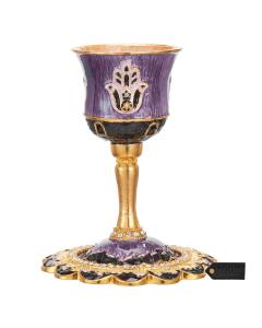 Hand-Painted Enamel Kiddush Cup Set with Stem and Tray  - Hamsa Design