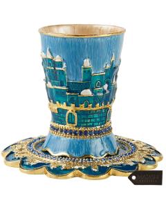 Hand-Painted Enamel Kiddush Cup Set with Tray  - Jerusalem Cityscape Design