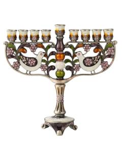 Hand Painted Enamel Menorah Embellished with a Doves and  Flower Design