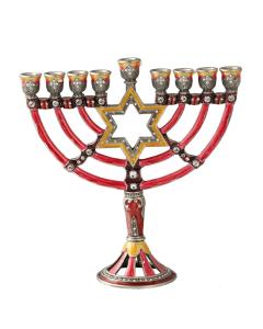 Red & Yellow Hand Painted Enamel Menorah with a Star of  David Design