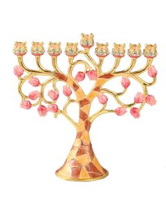 Hand Painted Enamel Menorah Embellished with an Intertwining Pomegranate Design