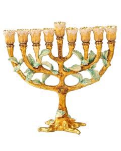 Hand Painted Enamel Menorah with a Tree & Flower Buds Design