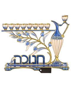 Hand Painted Blue Enamel Menorah  with Hebrew "Chanukah"  Design