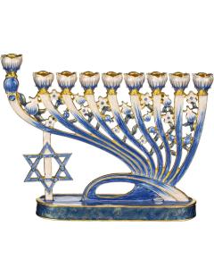 Hand Painted Blue Enamel Menorah with a Modern Flow & Star  of David Design