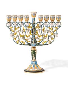 Hand Painted Enamel Menorah Embellished with an Intertwining Flowers Design