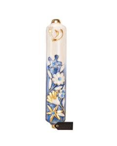 Blue and Ivory Flower Mezuzah with Gold Accents