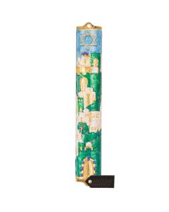 Blue and Ivory Jerusalem  Mezuzah with Gold Accents