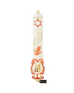 Red and White Dove Mezuzah with Gold Accents & Crystals