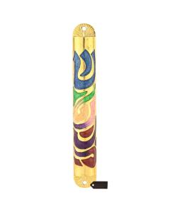 Gold Hand Painted Multi Color Mezuzah w/ Hebrew Shin