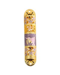 Enamel Purple and Gold Mezuzah with a Floral Design
