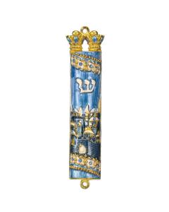 Blue Enamel Jerusalem City Design Mezuzah