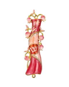 Red & Pink Mezuzah with Pomegranate Floral Design