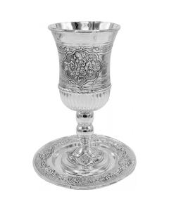 Stemmed Silver Plated Kiddush Cup & Tray - Flower Design