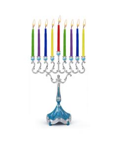 Marbleized Silver Plated Candle Menorah - Blue