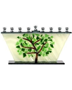 Hand Crafted Glass Menorah - Tree of Life Shattered Leaves