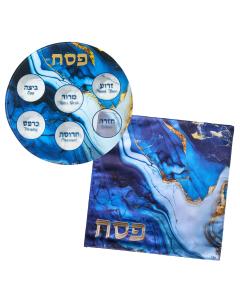 Blue Marble Glass Seder with Matching Matzah Cover