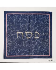 Blue and Pink Embroidered Square Matzah Cover