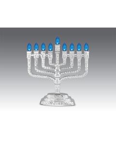 Silvertone Electric Knesset Menorah with the Symbols of the Twelve Tribes - Blue Bulbs