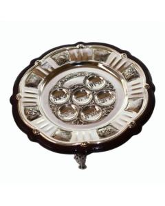 Wood and Silver Plated Seder Tray with 3 Legs