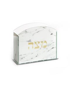Square Crystal Matzah Box-White Marble Design 7.5"