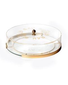 Glass Round Matzah Box - Acrylic Lid - Gold Frame