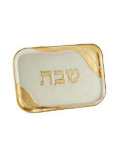 Pearl White and Gold Glass Rectangle Shabbat Tray