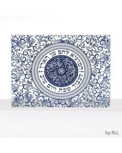 Glass Challah Board, Blue Damask Pattern