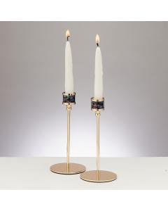 Set of 2 Goldtone Candlesticks - Multi-colored Band Design