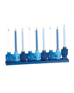 "Blue Dreidels" Hand-Painted Resin Menorah,color box