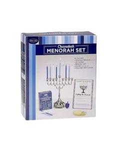 Set Of Silvertone Menorah, Candles, Gelt, Dreidel