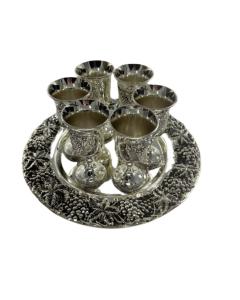 Silverplate Kiddush Set With Plate - 6 Cups - Grape Design