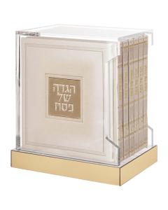 Lucite Haggados Stand with 6 Hardcover Haggados  - Ashkenaz/Sefard (Cream)