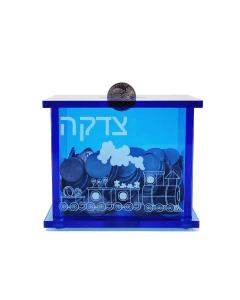 Acrylic Tzedakah Box with Train Design - Blue