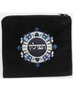 Black Velvet Tefillin Bag with a Circular Jerusalem Design – Large