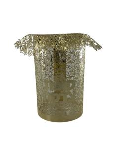 Lasercut Gold Tzedaka Box - Round Floral Design  w/ "Kupat Tzedakah" in Hebrew