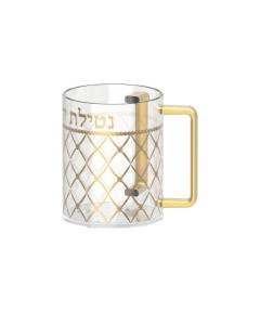 Clear Acrylic Washing Cup in Gold Diamond Design  w/ Gold Handles