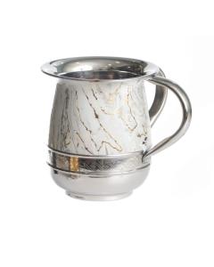 Stainless Steel Wash Cup-White Marble Design Silver  Wave Design Band