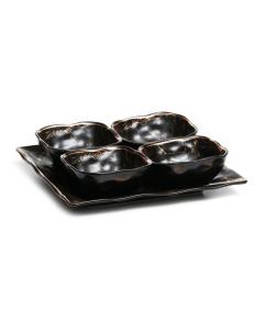 Set of 4 Black Porcelain Dishes and Tray With Gold Stripes 9x9"