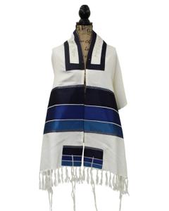 Tallis Viscose Blue Striped Embroidery With Bag & Kippah - Yair Emanuel Collection
