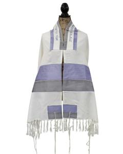Tallis Viscose Purple/Grey Striped Embroidery With Bag & Kippah  - Yair Emanuel Collection
