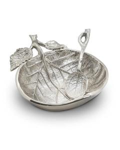 Nickel Plated Apple Shape Leaf Honey Dish & Spoon