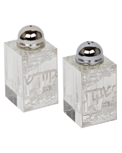 Crystal Salt And Pepper Shaker Set With Silver Plaque