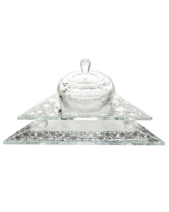 Crystal Honey Dish Triangle Shape With Pomegranate Silver