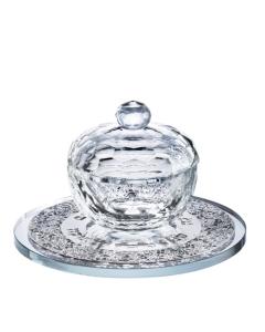 Crystal Honey Dish With Floral Silver 3 Pc