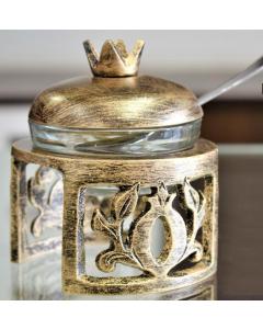 Honey Dish Pomegranate Shape Stainless Steel Brushed Gold On Stand w Spoon