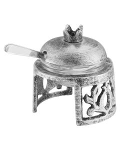 Honey Dish Pomegranate Shape Stainless Steel Brushed Silver On Stand w Spoon