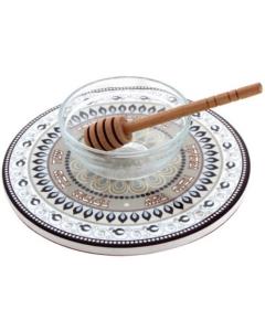 Ceramic Rosh Hashanah Plate w/ Honey Dish & Spoon - Pomegranate (Grey)